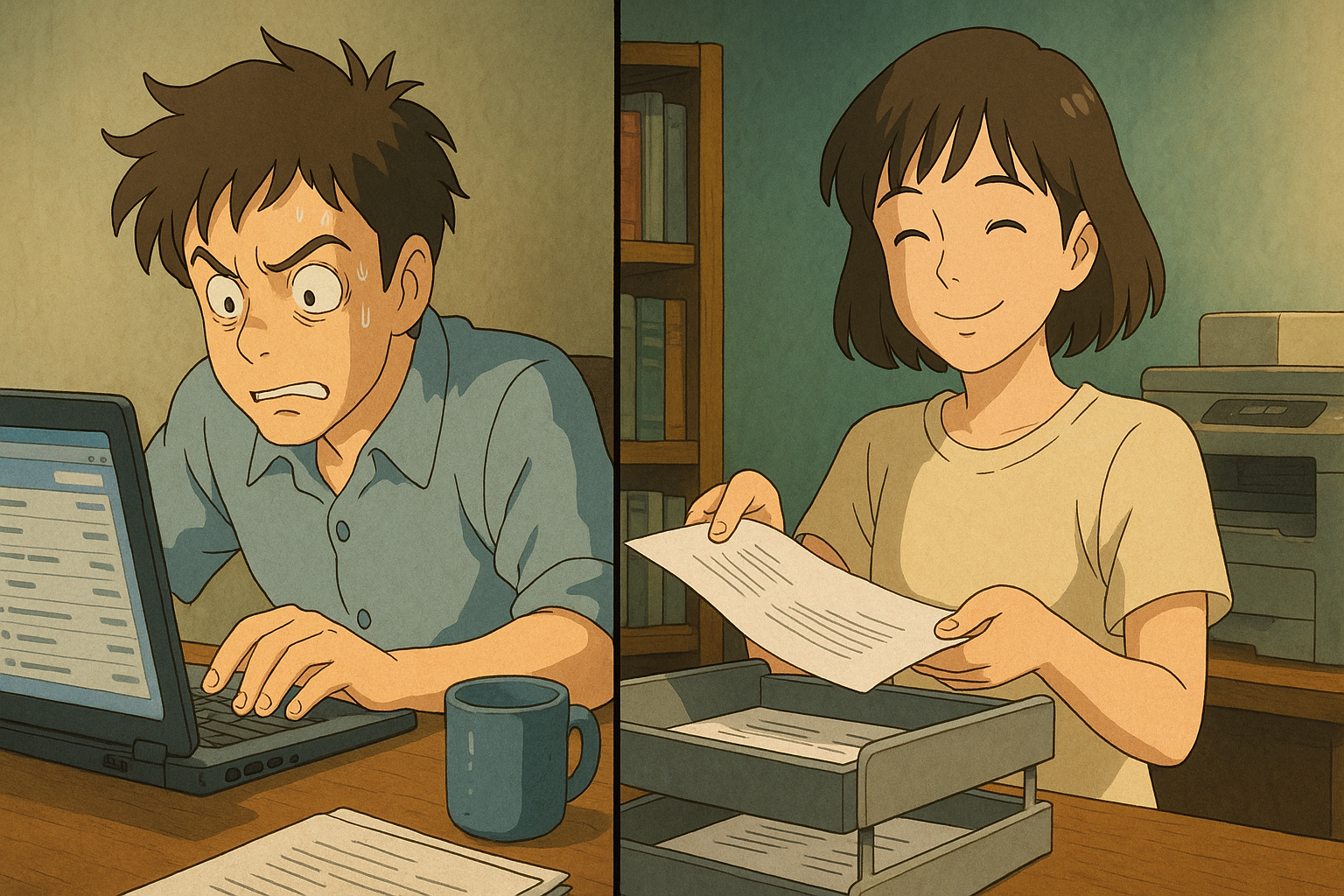 "An animated scene contrasting a stressed man working on a laptop with a relaxed woman organizing documents, depicting contrasting work styles."