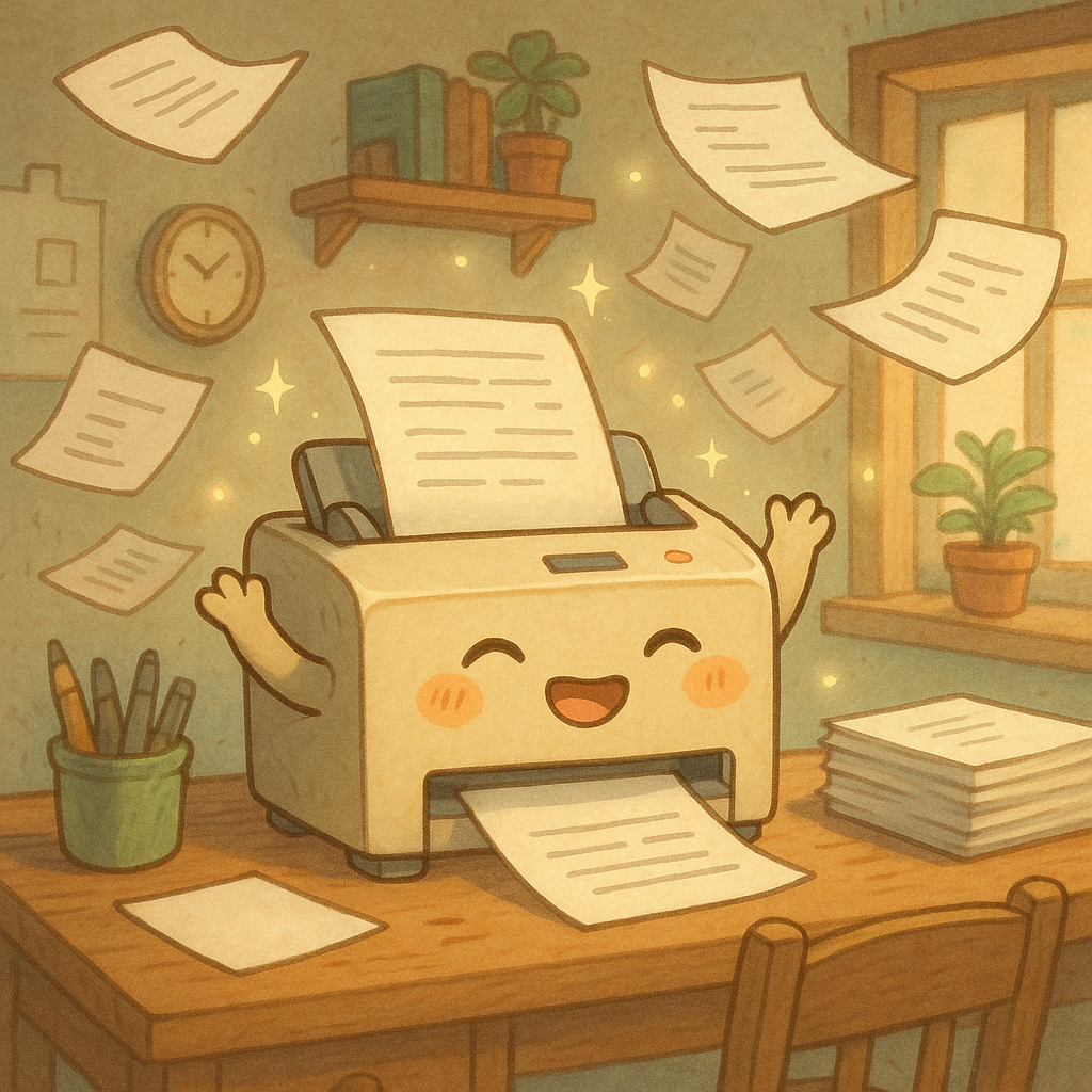 "Happy cartoon printer printing papers in a cozy office setting with plants and a clock."