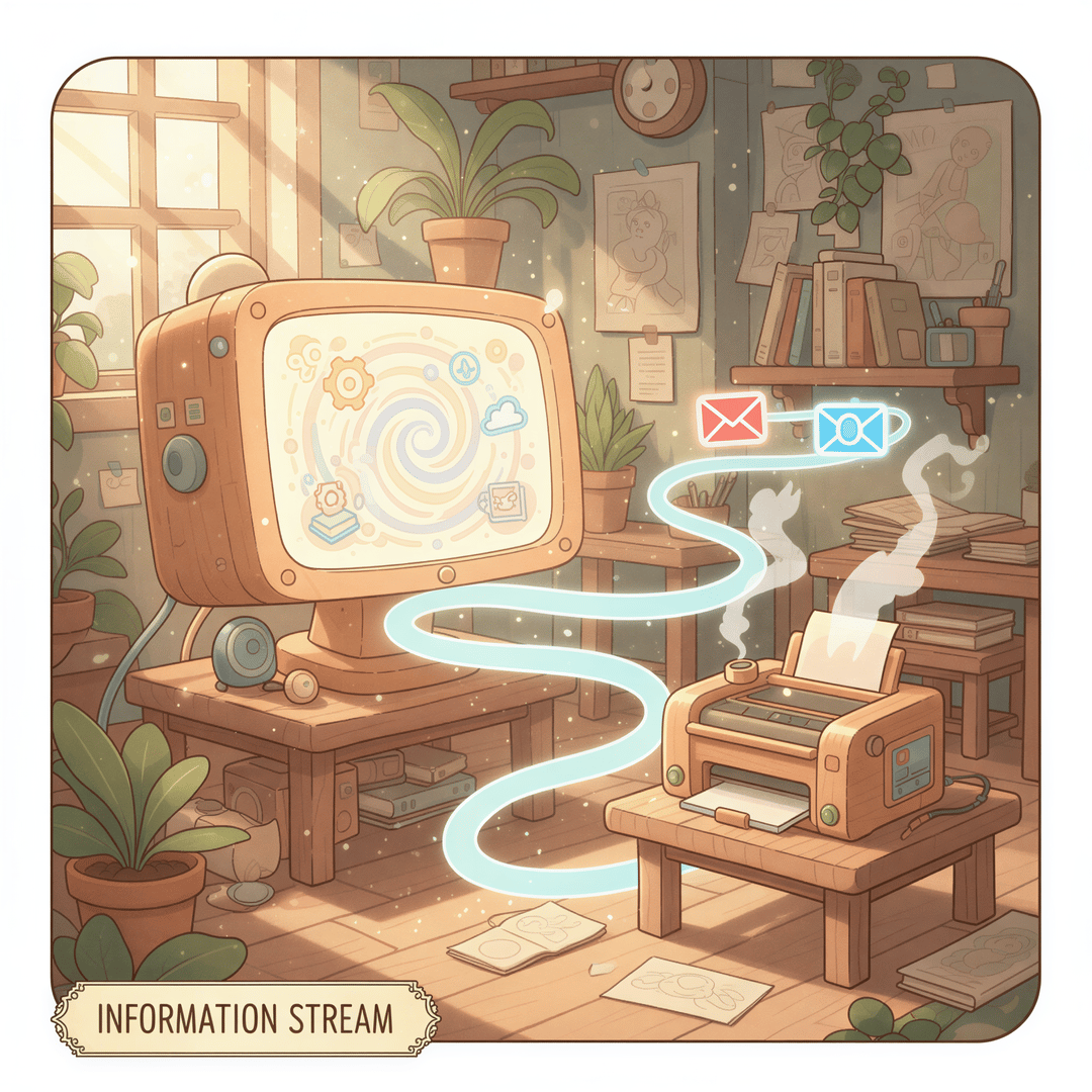 Ghibli illustration showing a stylized visualization of software connections—a digital line flowing from an agency management system icon to a printer icon.