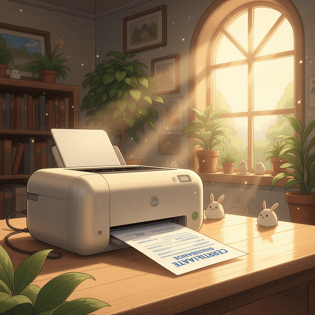 Ghibli illustration showing a COI seamlessly emerging from a printer directly onto a clean desk surface without human interaction.