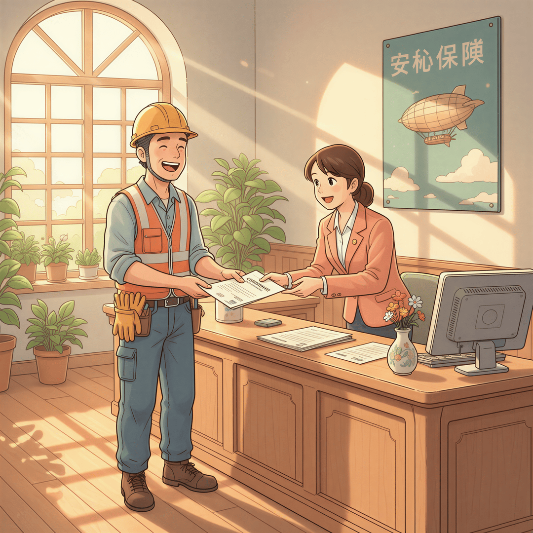 Ghibli illustration showing a smiling contractor receiving a pre-printed COI instantly from a calm insurance agent.