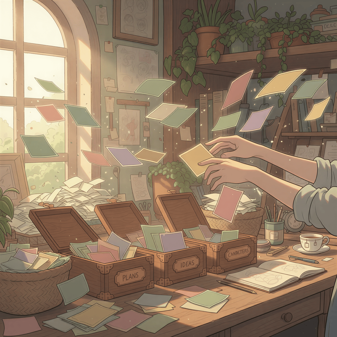 Ghibli illustration of hands neatly sorting digital papers into labeled folders, emphasizing organization but showing the work is incomplete.