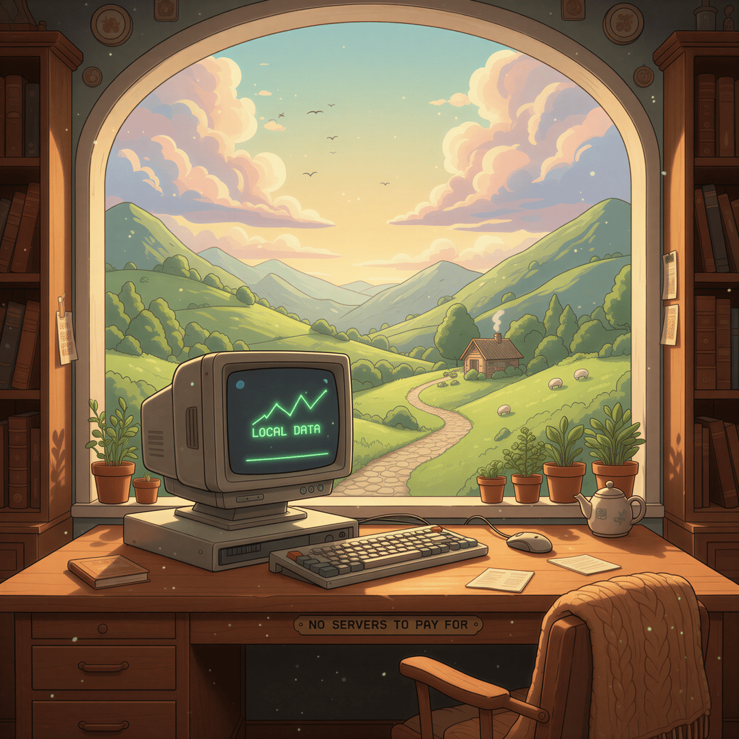 Studio Ghibli aesthetic, illustrating 'We don't have servers to pay for'. A cozy, sunlit home office scene. Focus on a single, retro-style desktop computer sitting securely on a thick wooden desk. The background shows a serene, natural landscape outside the window (perhaps mountains or a quiet field), emphasizing local processing power rather than massive, expensive data centers. Warm, stable lighting. High emphasis on self-sufficiency.