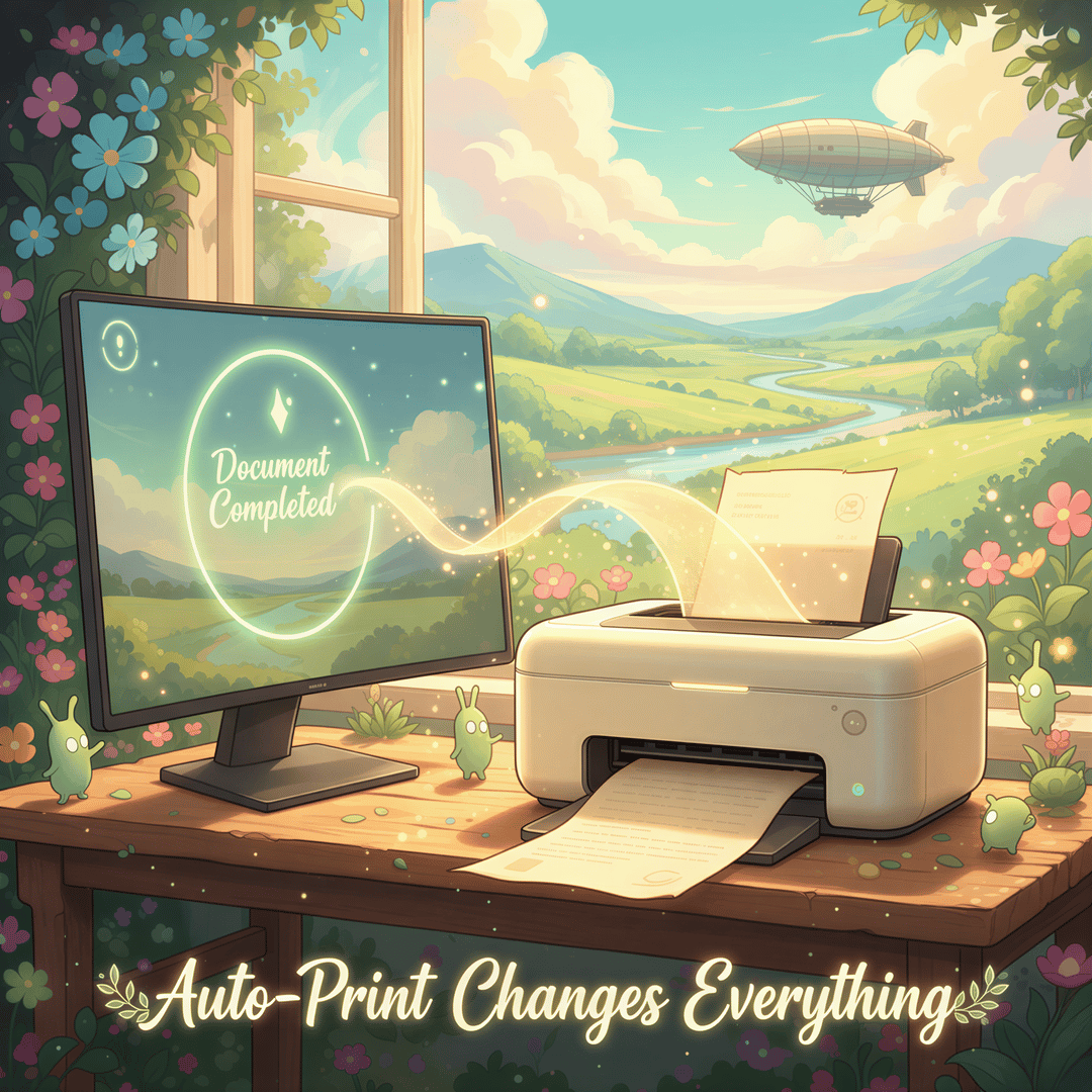 A magical moment where a printed document emerges directly from a stylized email notification icon near a printer.