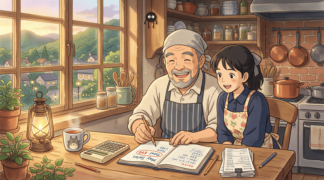 Cost analysis setup with calculator, receipts, and a chef evaluating savings