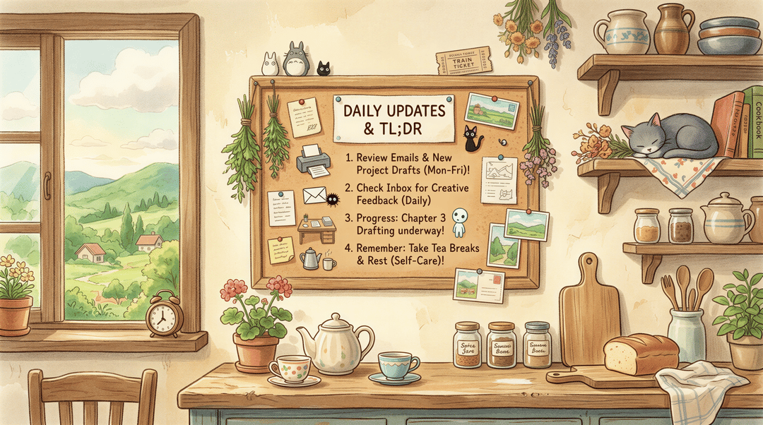 TL;DR summary visuals for kitchen automation with notes and simple icons