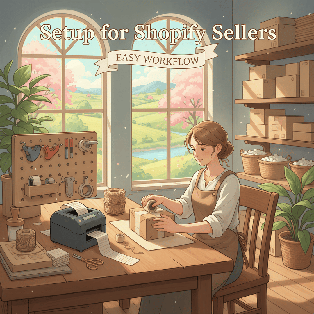 A tranquil, dedicated shipping station where a young worker is efficiently packing an order next to a perpetually running thermal printer, illustrating setup success.