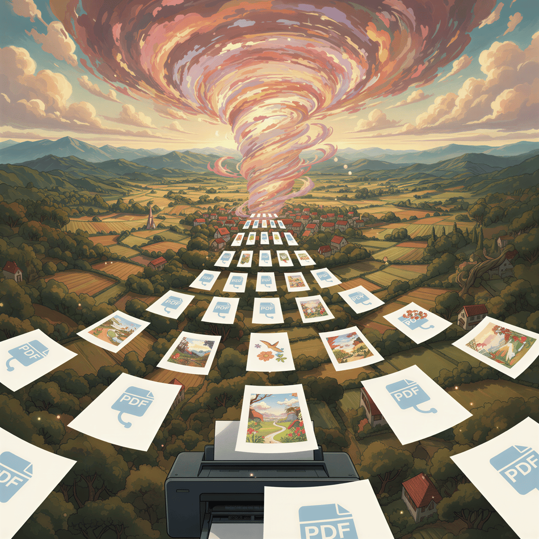 A magical process where diverse digital documents (PDFs, images) are being transformed into a singular, clean, printable format.