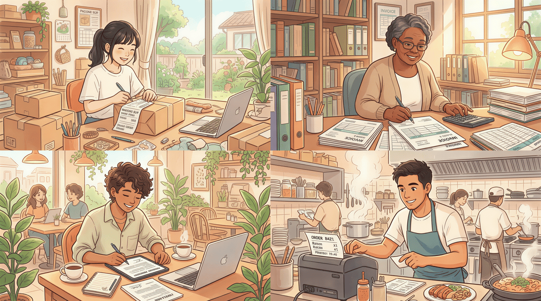 Real use cases: ecommerce seller, accountant, freelancer, restaurant printing