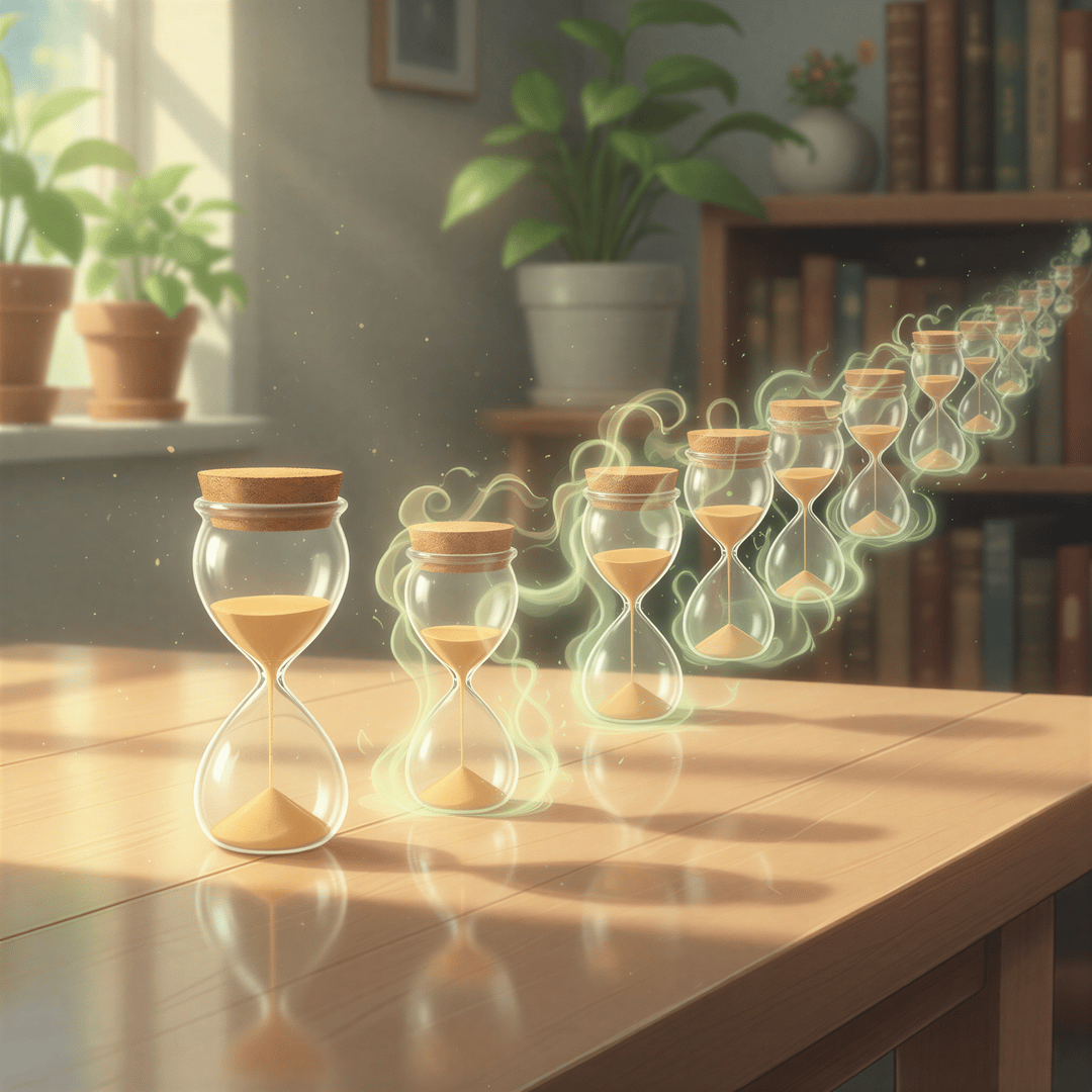 A simplified abacus or counter showing time units multiplying rapidly, symbolizing the accumulation of small moments.