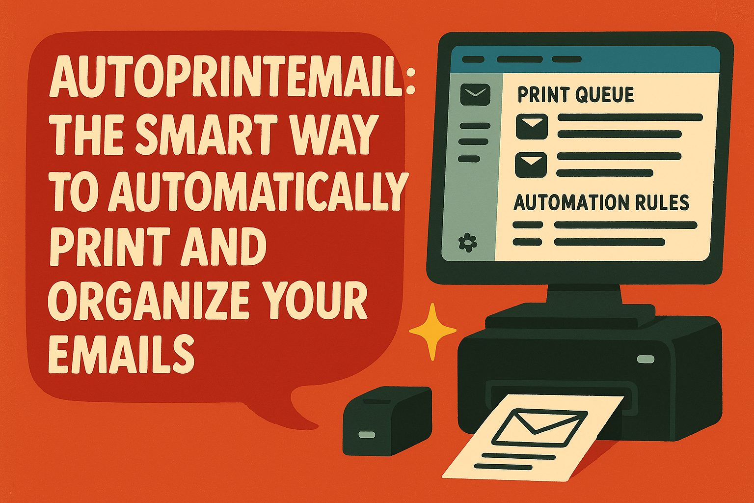 Illustration promoting AutoPrintEmail, a tool for automatically printing and organizing emails, featuring a computer and printer.