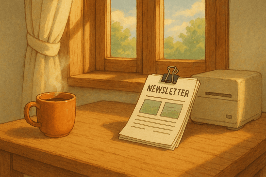 Cozy workspace featuring a steaming coffee mug and a newsletter on a wooden table by a sunny window, perfect for leisurely reading.