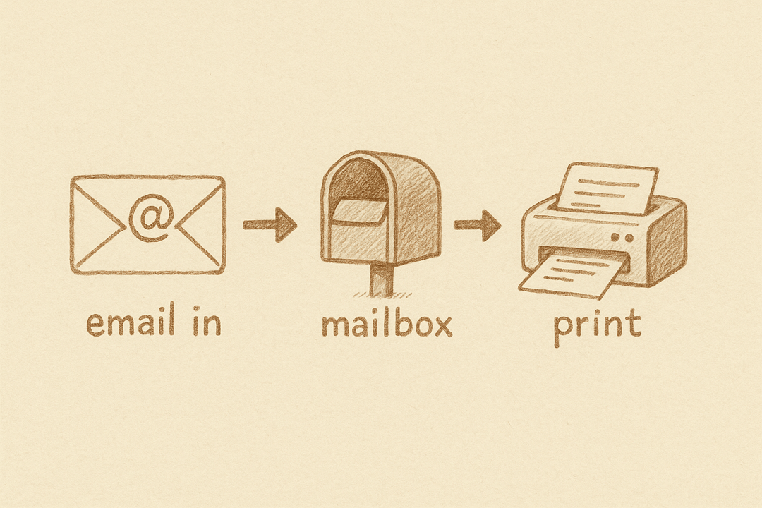 Alt text: "Illustration showing the process of emailing a document, receiving it in a mailbox, and printing it out."