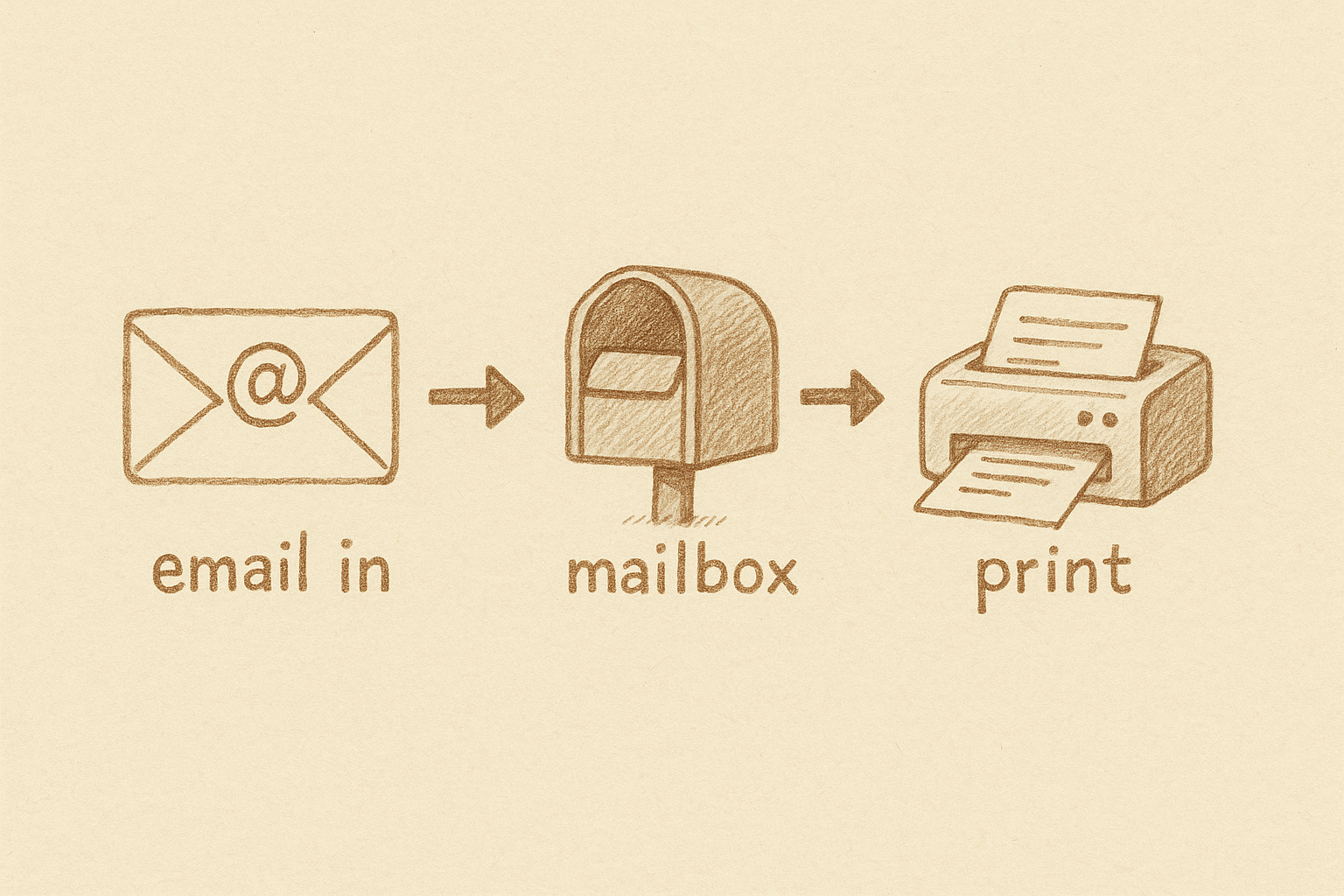 Alt text: "Illustration showing the process of emailing a document, receiving it in a mailbox, and printing it out."