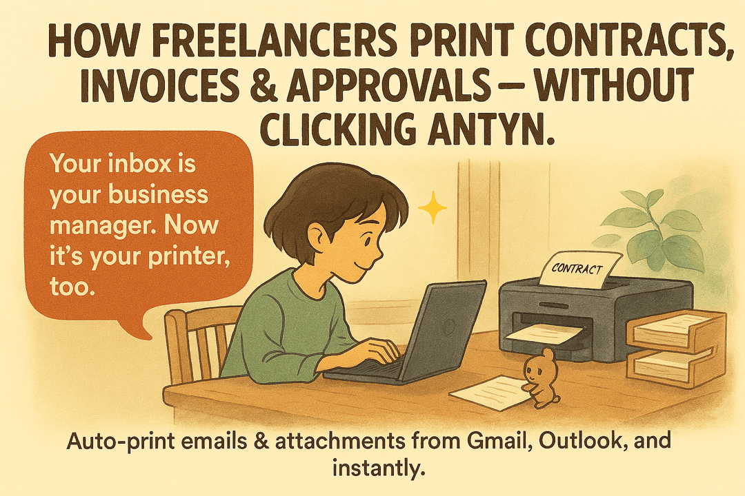 Freelancer using a laptop to auto-print contracts and invoices with a printer, illustrating efficient email management.