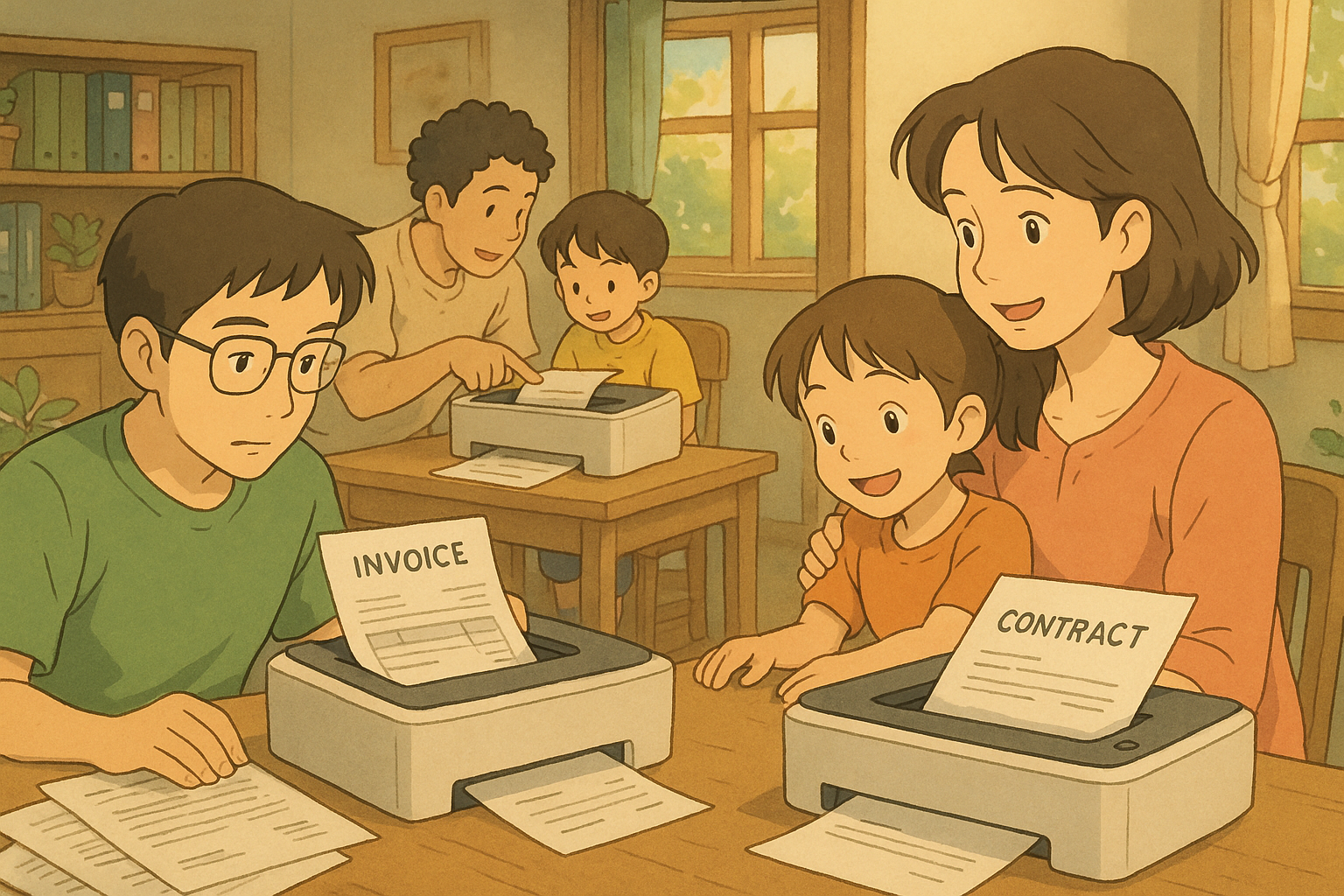 A family working together at a table, printing documents labeled 'Invoice' and 'Contract' from two printers, with a warm, homey atmosphere.