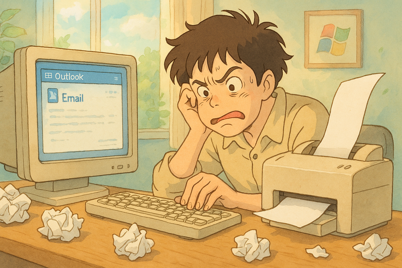 A frustrated young man is sitting at a desk with a computer displaying an email interface, while crumpled paper balls surround him, and a printer is showing a printed page.