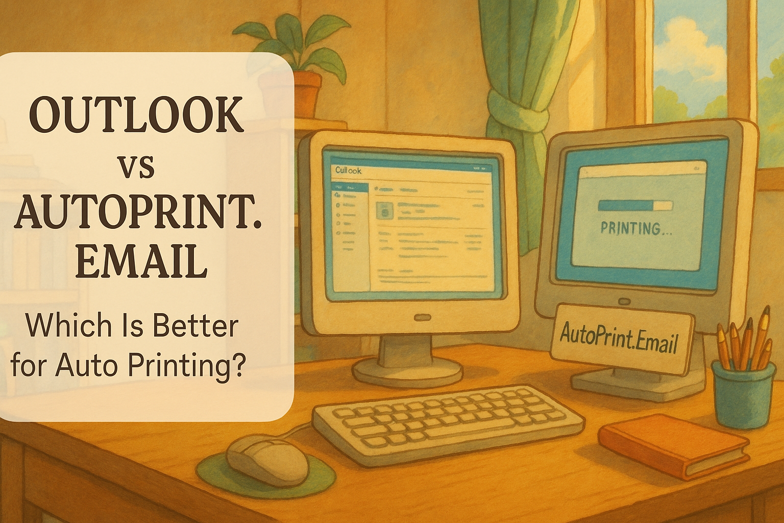 Illustration of a workspace featuring two computer monitors displaying email interfaces with the text "Outlook vs AutoPrint.Email" and "Which Is Better for Auto Printing?" alongside a keyboard, mouse, and office supplies on a desk.