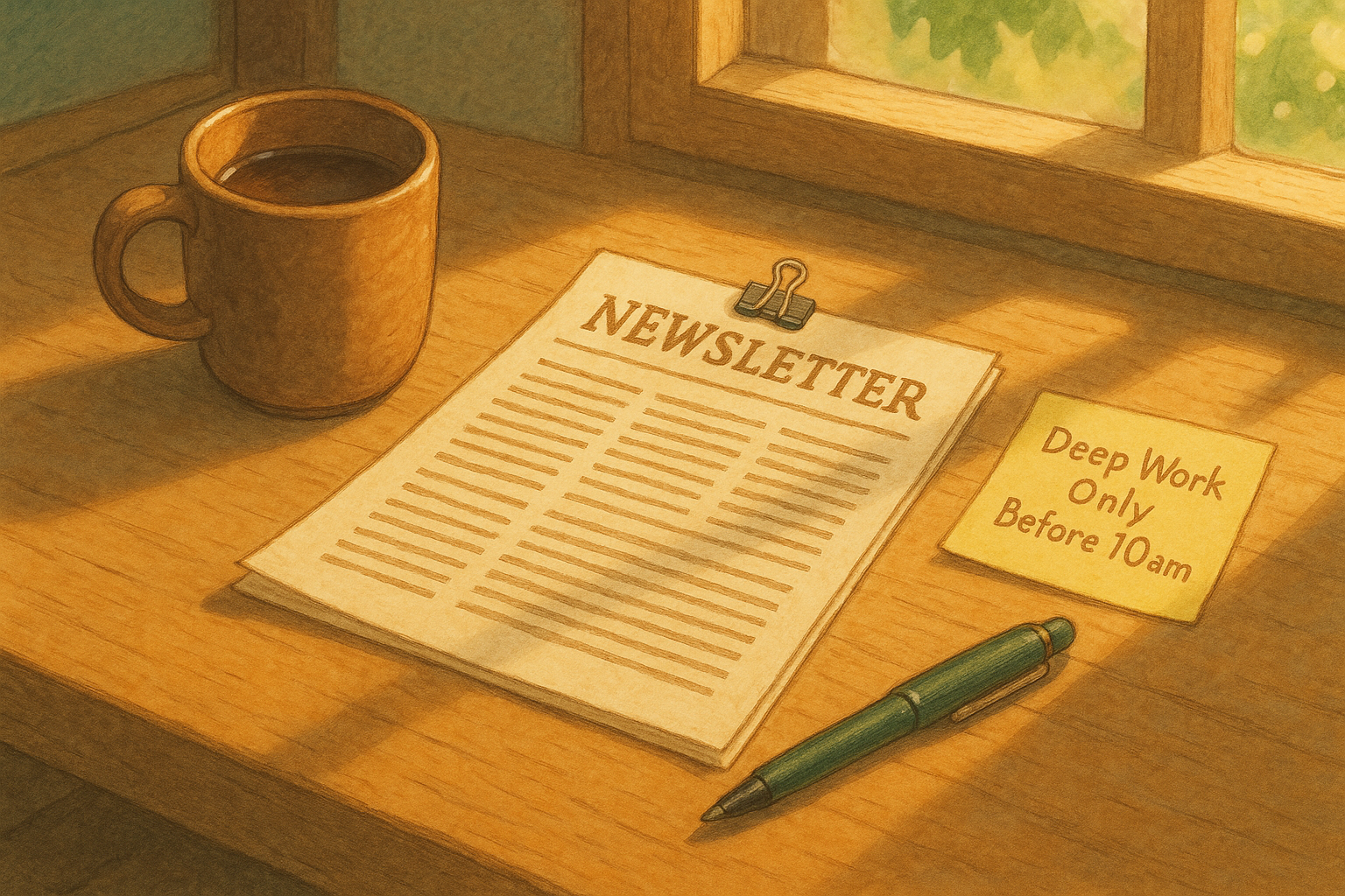 Cozy workspace with a mug of coffee, a newsletter, and a reminder note for deep work before 10am.