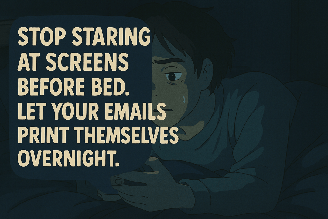 Animated image of a young person in bed, looking concerned while holding a device, with text encouraging reducing screen time before bed and suggesting emails be printed overnight.