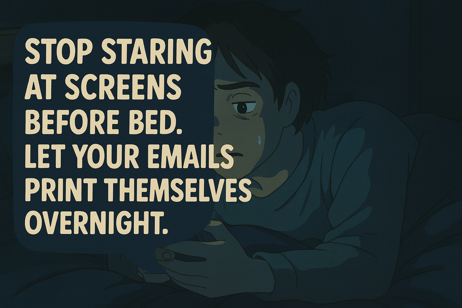 Animated image of a young person in bed, looking concerned while holding a device, with text encouraging reducing screen time before bed and suggesting emails be printed overnight.