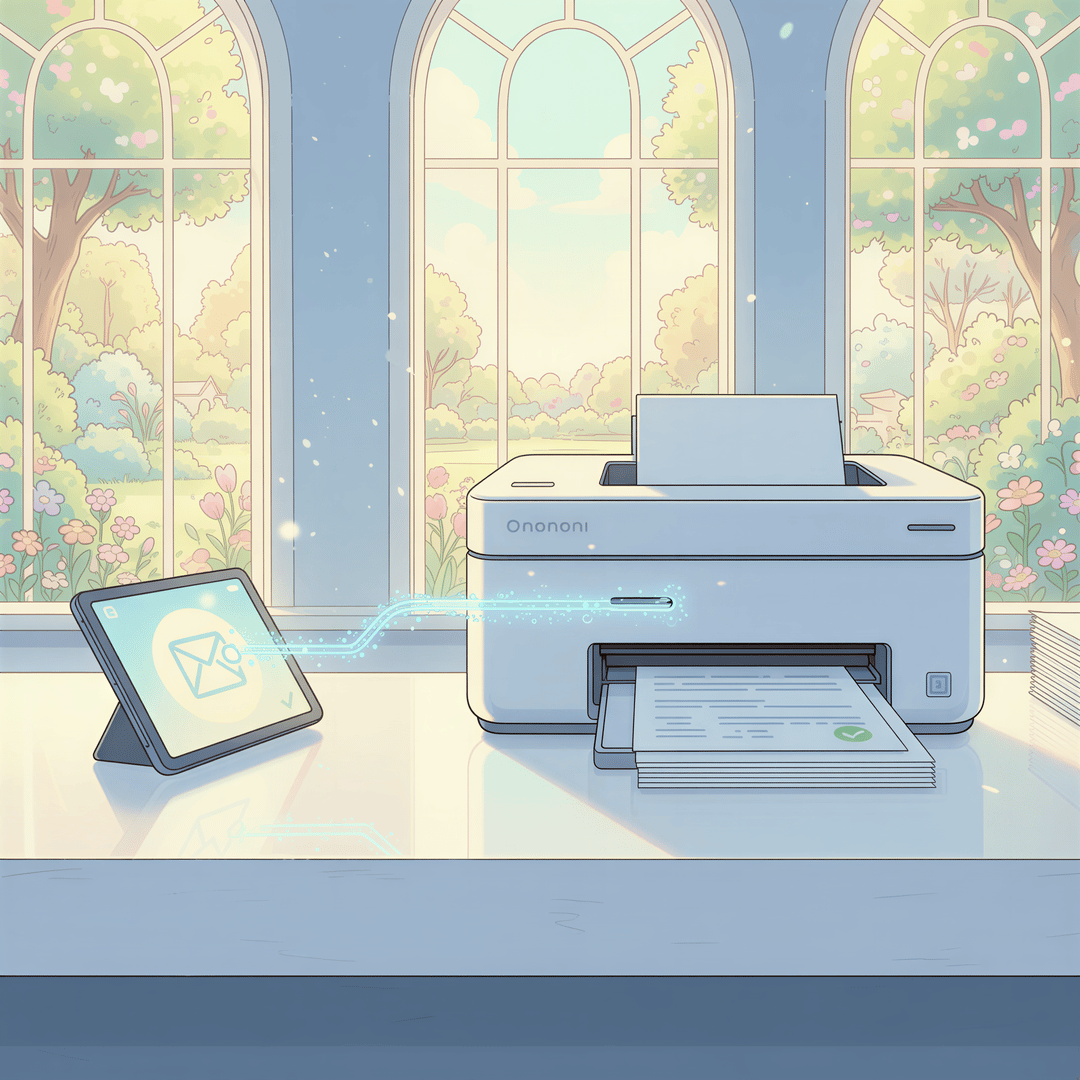 Ghibli image showing an automated process where an email instantly transforms into a neatly printed document at a nurse's station printer.