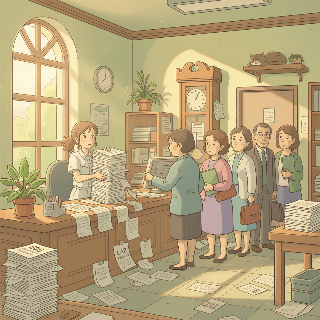 Ghibli illustration showing various critical healthcare documents piling up precariously near a busy front desk, symbolizing administrative chaos.