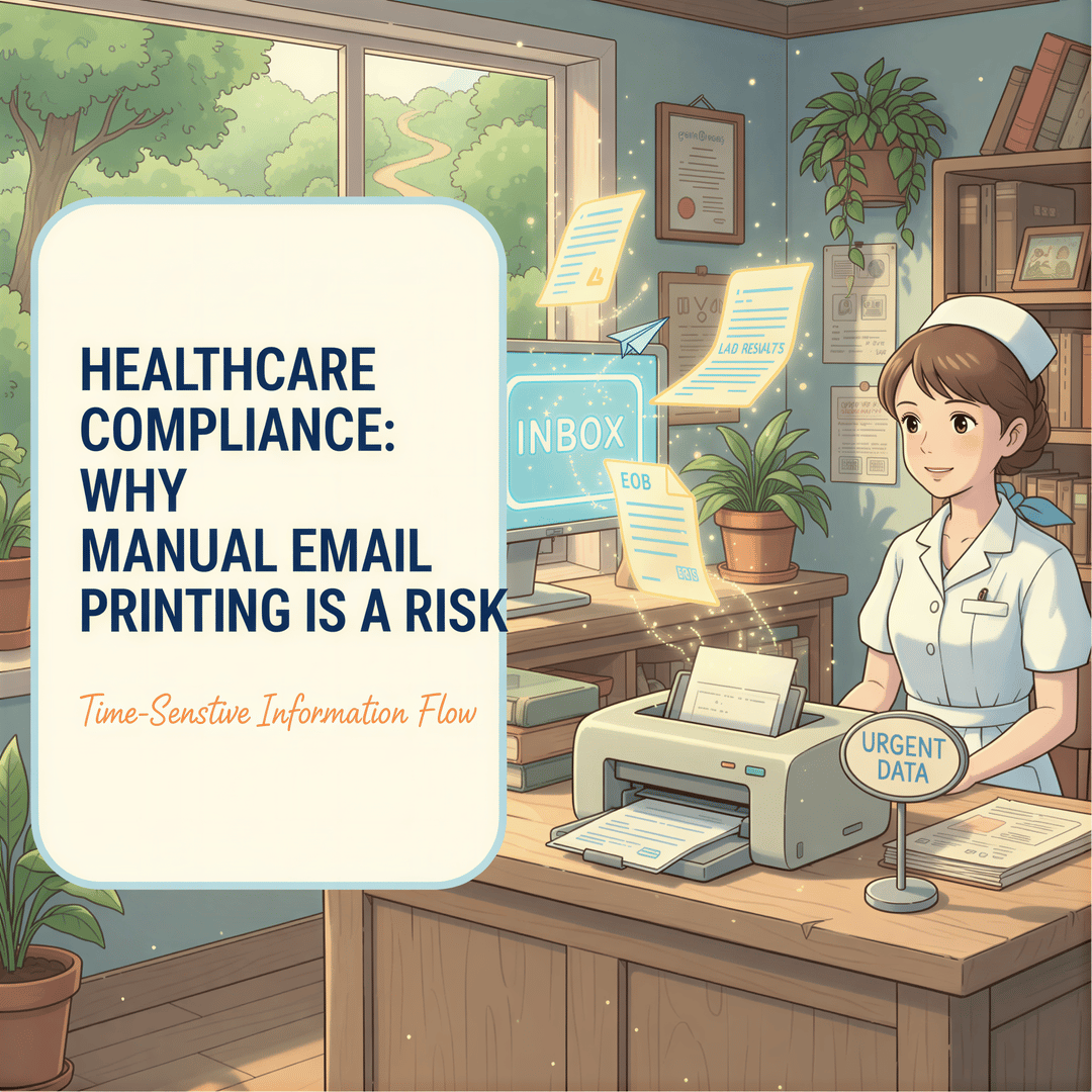 Studio Ghibli style image depicting a busy, warm-toned medical office with important documents floating from an email icon to a printer, titled 'Healthcare Compliance: Why Manual Email Printing Is a Risk'.