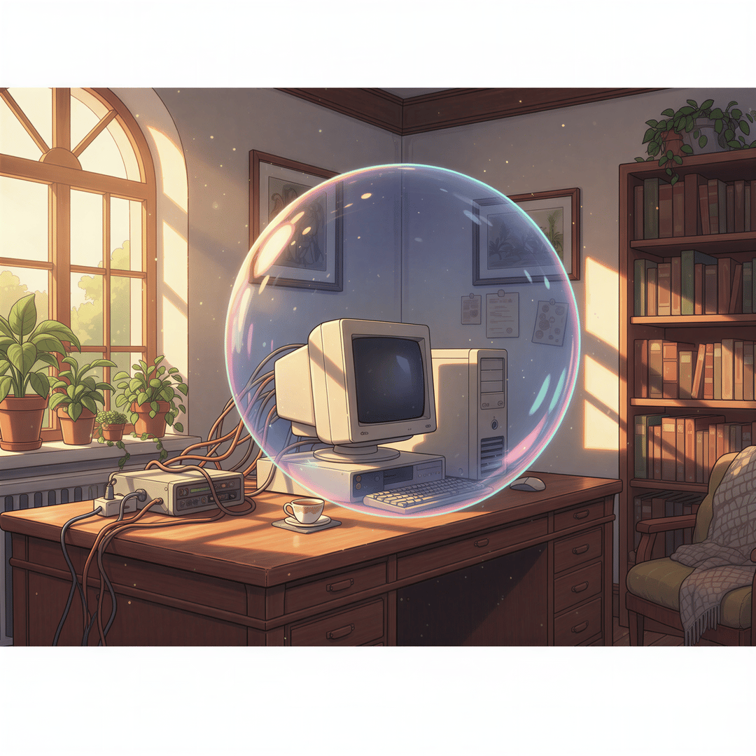 Ghibli illustration of a secure, local computer setup with glowing lines representing data staying safely inside a protective bubble.