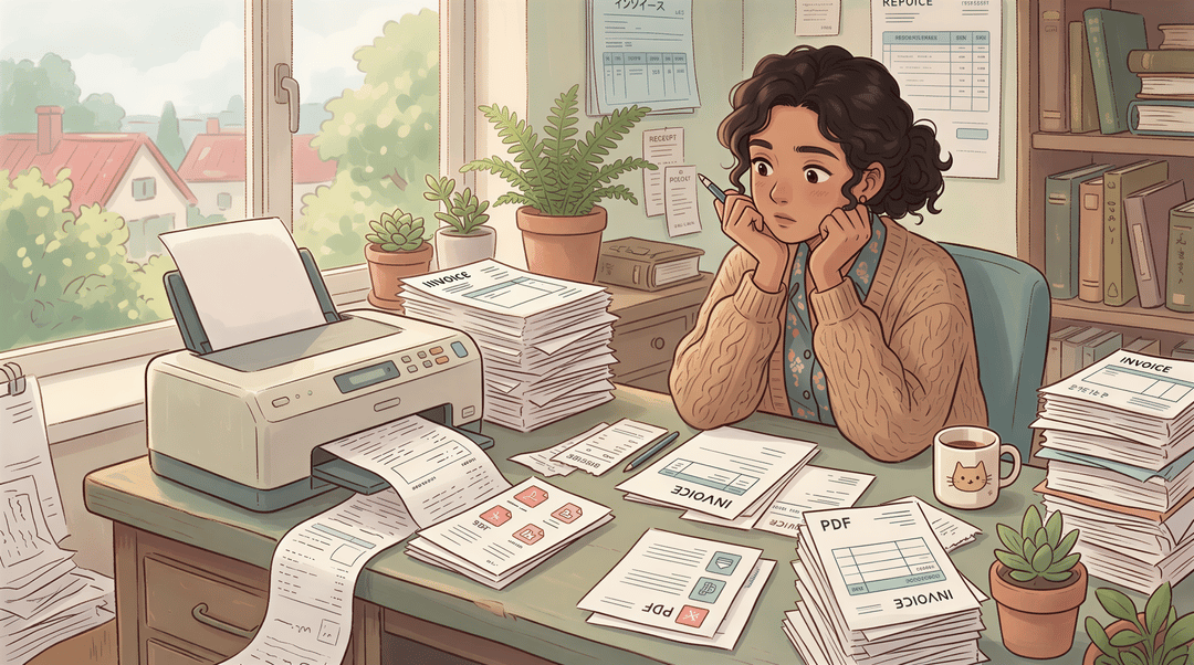 Desk cluttered with paper documents illustrating the accounting print problem