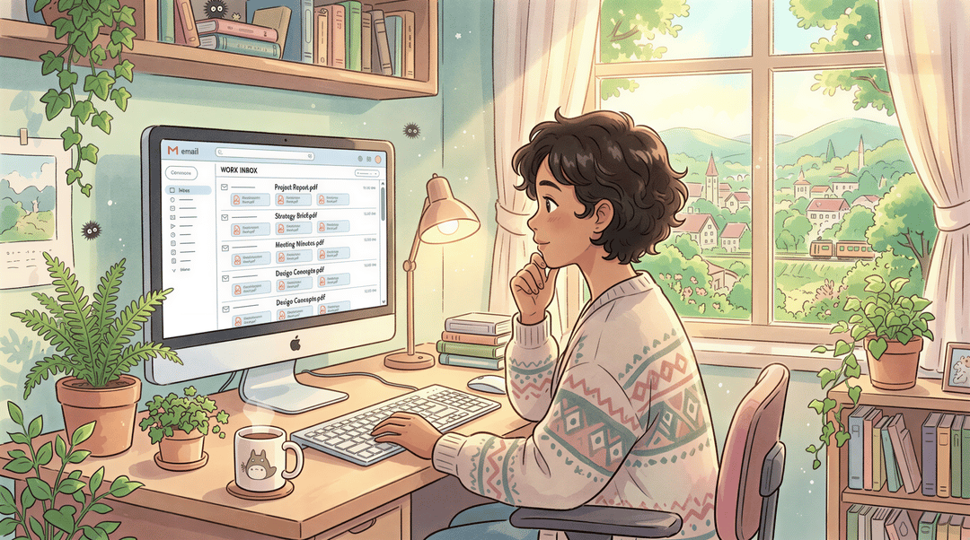 Emails with PDFs piling up in a calm office setting