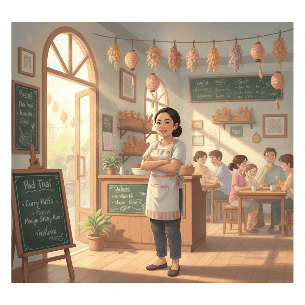 Studio Ghibli aesthetic. A warm, sunlit interior of a small, charming neighborhood establishment (like a Thai place or small bakery). A relatable, diverse small restaurant owner character stands near the entrance, smiling confidently, surrounded by handwritten chalk signs and simple, beautiful decor. The scene feels hopeful and community-oriented. Soft focus background showing happy patrons. Pastel palette emphasizing belonging and authenticity.