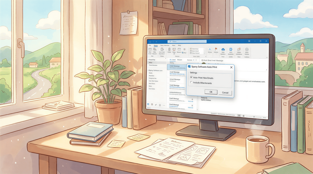 Sperry Software Auto Print inside Outlook illustrated in a cozy home office