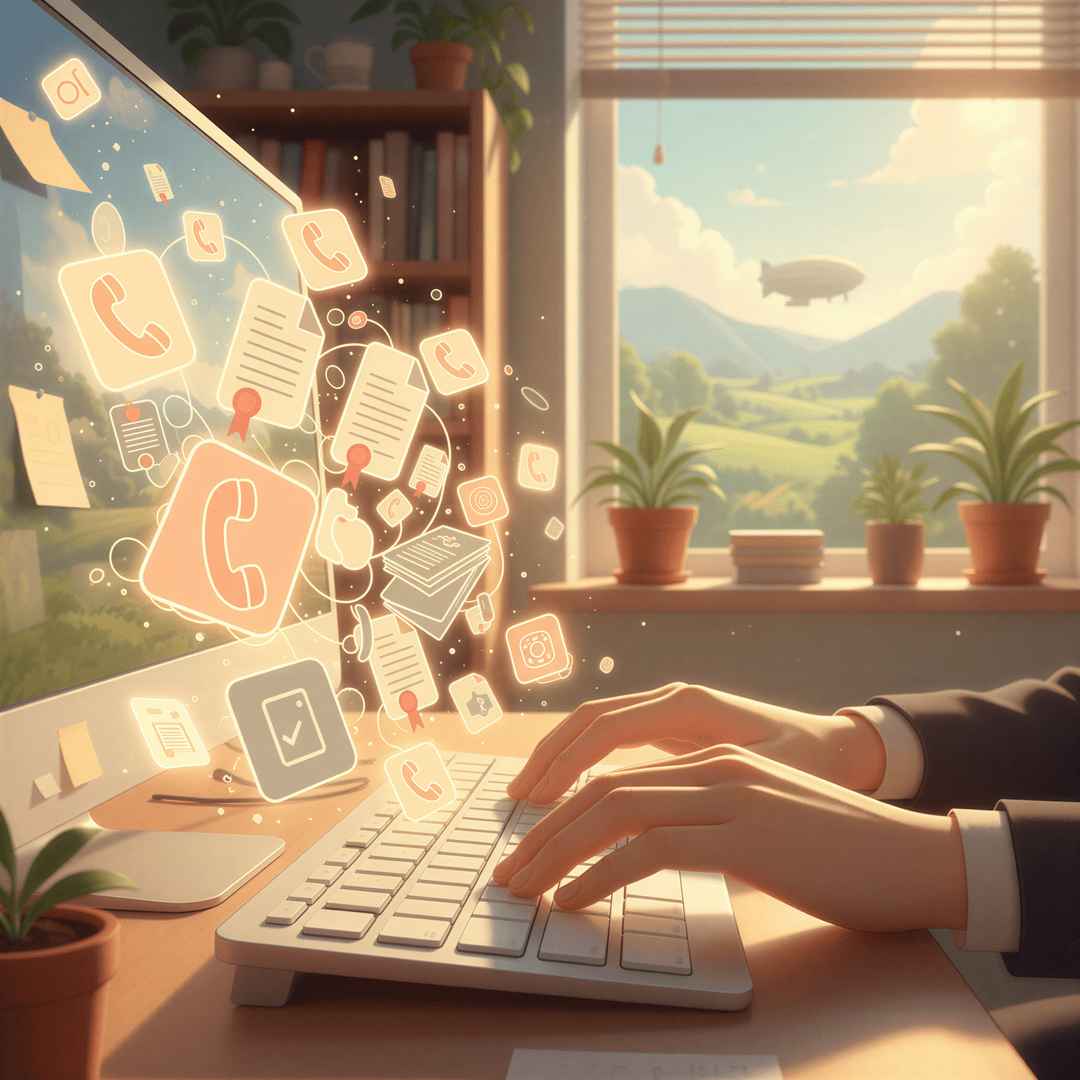 Ghibli illustration of an insurance agent overwhelmed by ringing phones and stacks of papers representing constant COI requests.