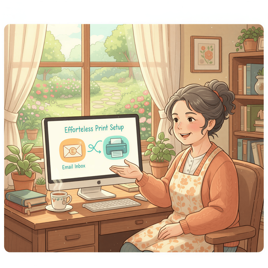 A non-technical user easily setting up the AutoPrintEmail application on a simple desktop, showing connectivity to an email icon and a nearby printer.