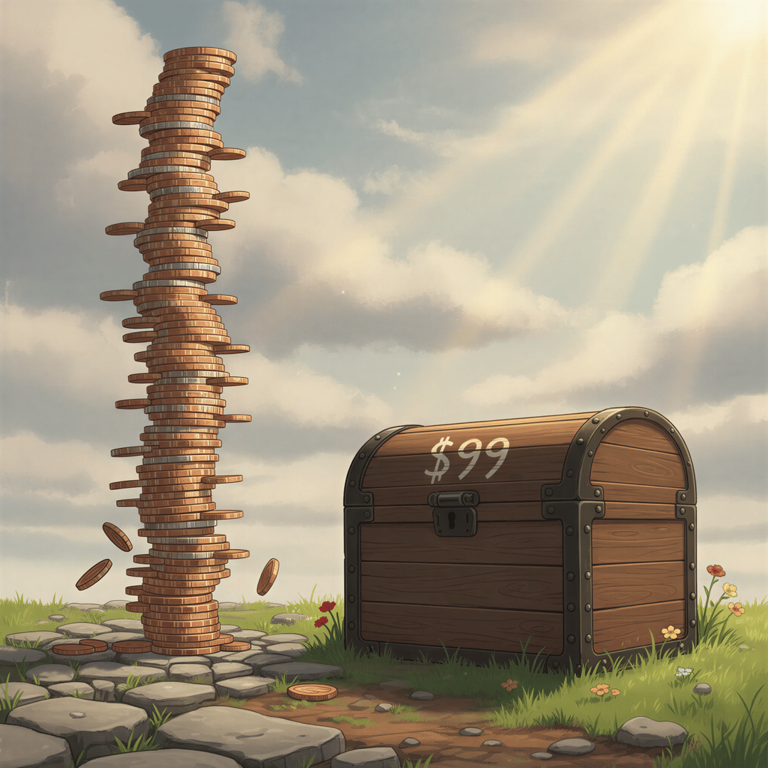 A visual metaphor for pricing: On the left, a tall, slightly precarious tower made of small, identical coins, suggesting monthly payments, under a slightly overcast sky. On the right, a solid, simple wooden treasure chest, clearly labeled '$99' on its lid, sitting firmly on the ground under a bright sunbeam. Warm, earthy tones dominate the scene. The chest radiates peace and permanence.
