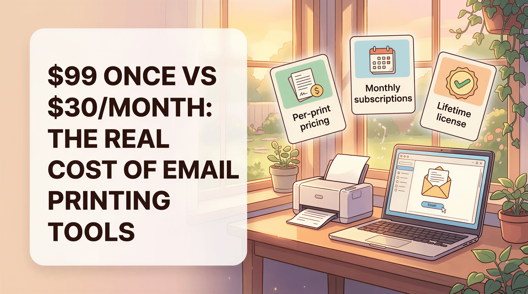 Pricing models comparison banner for email printing tools, $99 lifetime vs monthly and per-print