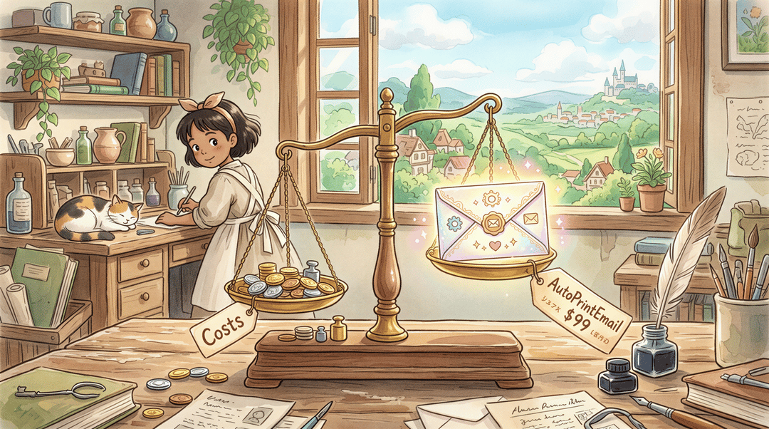 Balance scale in a warm, Ghibli-inspired room weighing costs vs. $99 lifetime