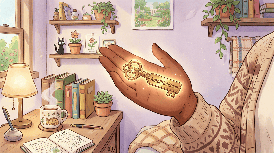 Gentle studio scene of a hand holding a glowing key for a lifetime license AutoPrintEmail