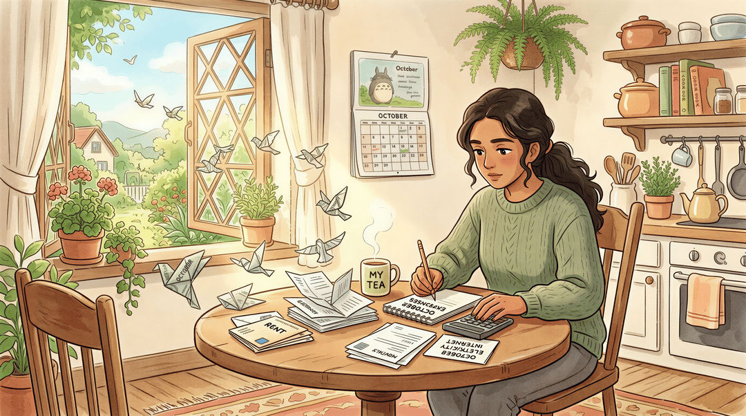 Warm studio Ghibli kitchen-table scene illustrating monthly subscriptions draining a calendar of bills