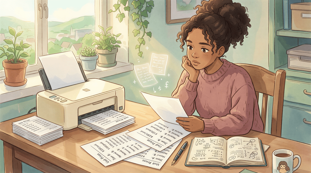 Close-up studio Ghibli scene of a desk with a metered per-print pricing setup and a printer