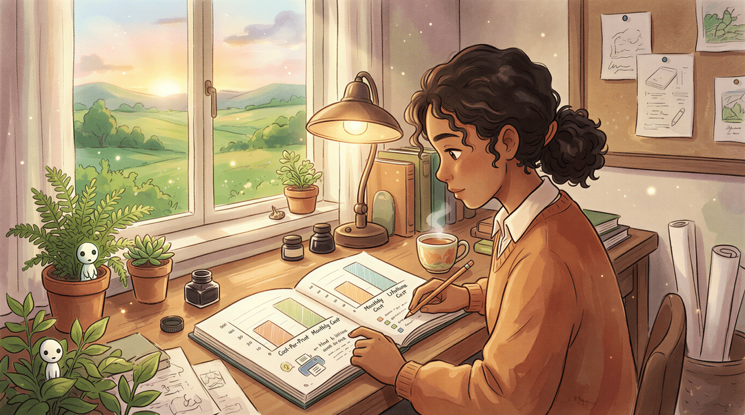 Notebook with cost-per-print comparison bars beside a laptop in a cozy Ghibli-inspired workspace