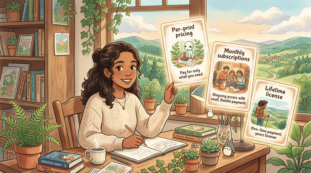 Studio Ghibli-inspired desk scene showing three floating cards labeled Per-print pricing, Monthly, and Lifetime pricing