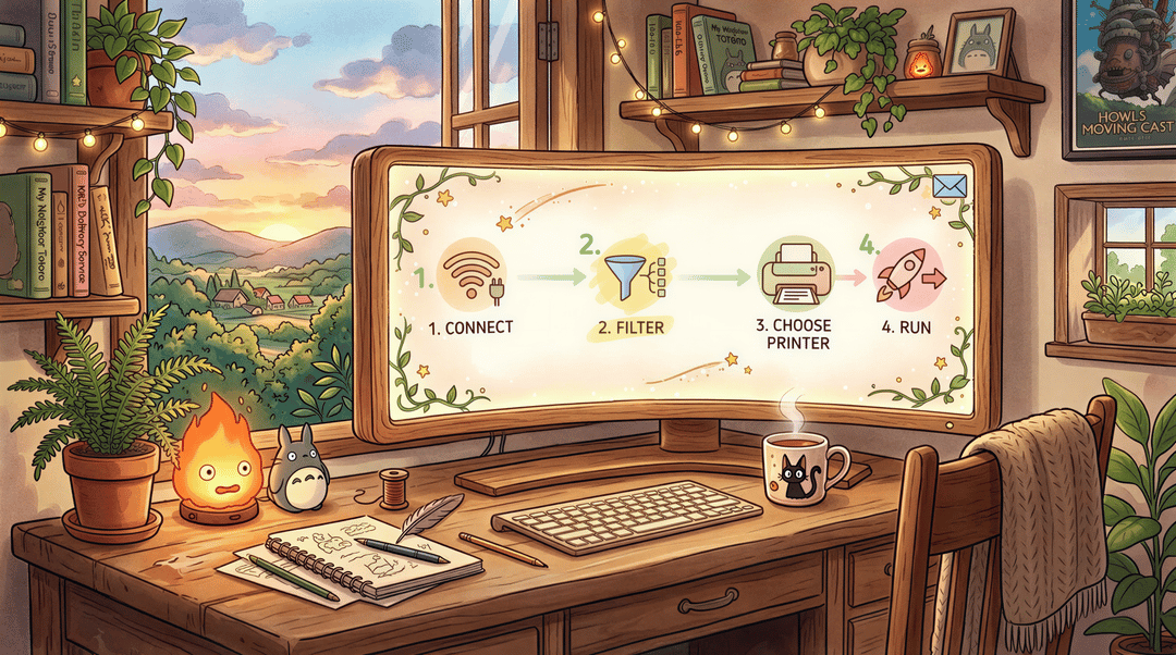 Flow of email-to-print automation from inbox to printer