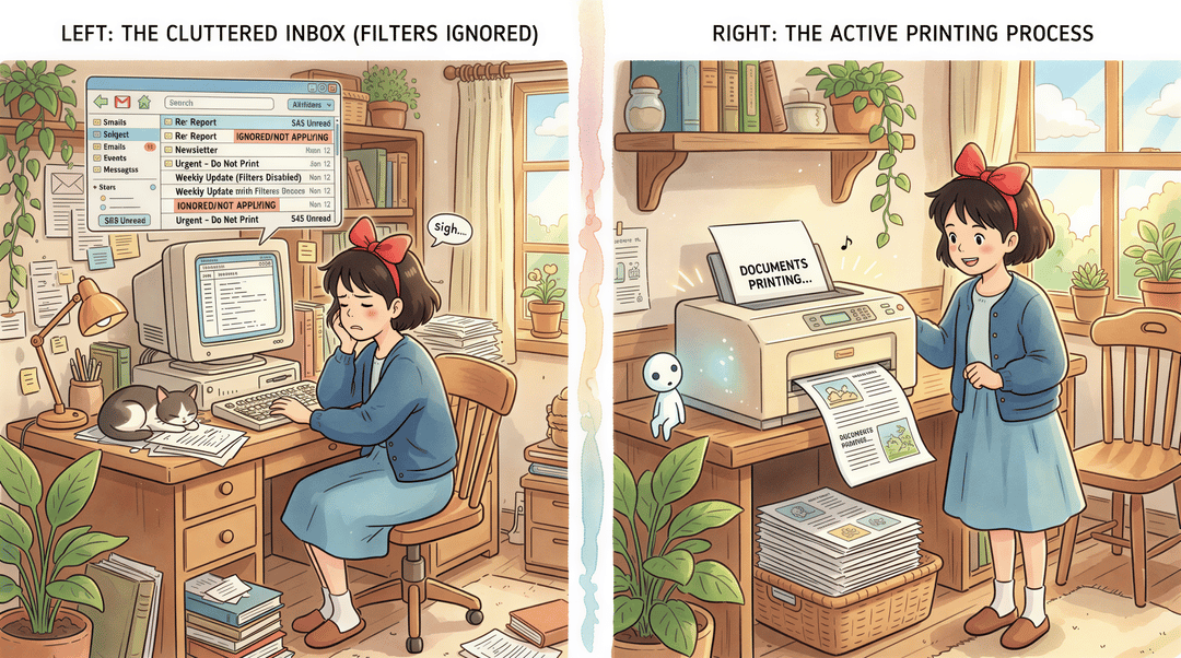 Comparison visual: Gmail/Outlook rules vs automated printing