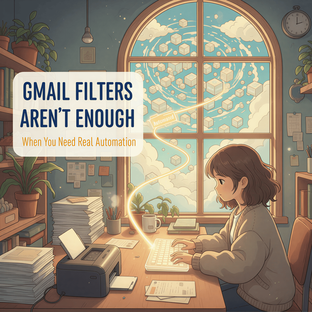Studio Ghibli style image showing a young person looking at a massive, organized stack of digital letters, representing Gmail filters, with a single magical glowing path leading to a physical printer, symbolizing real automation.
