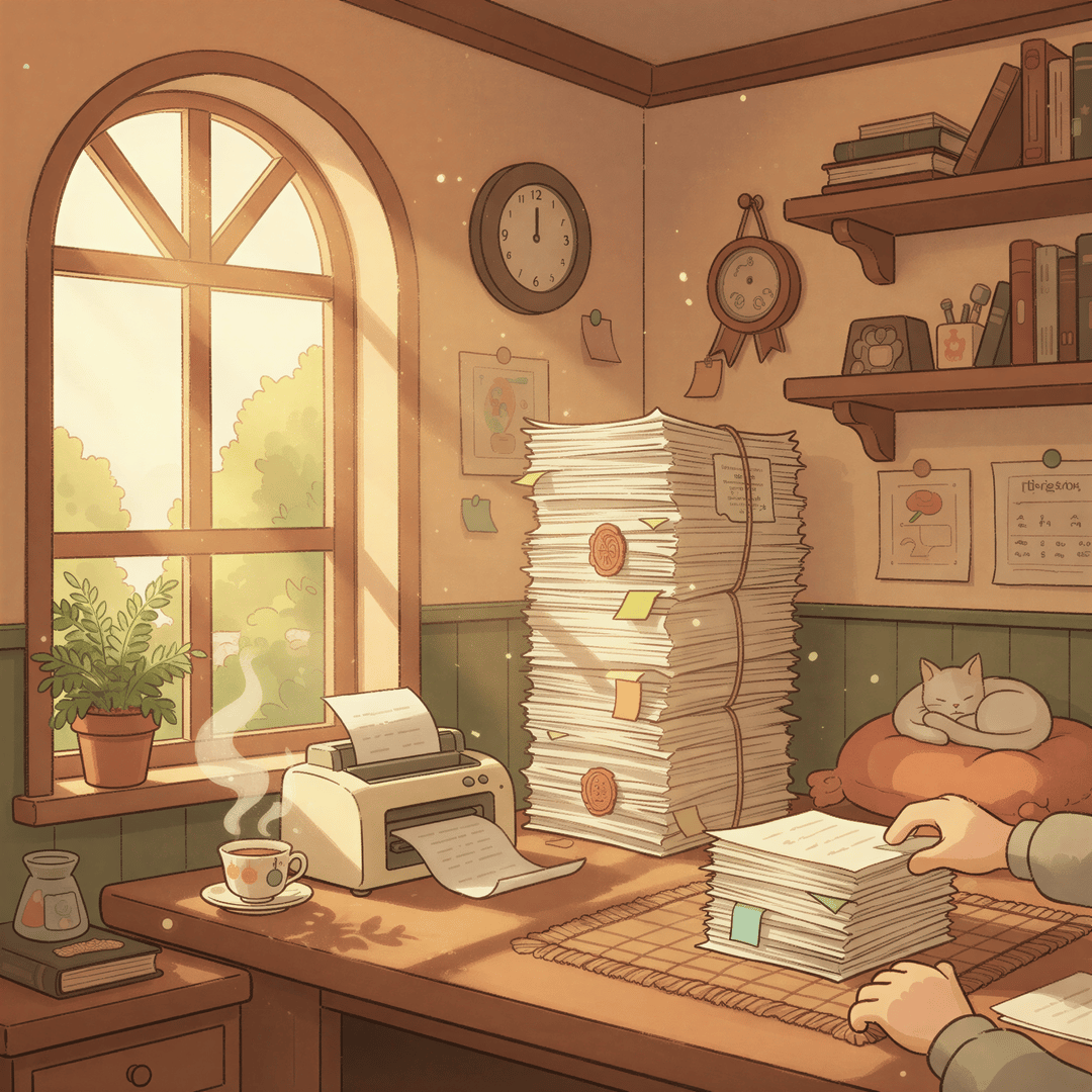 Studio Ghibli aesthetic, focused on a cozy accounting corner. A stack of financial documents is neatly piling up next to a small, reliable printer. The scene features soft sunlight streaming through a window onto the desk. One or two small, friendly hands are seen organizing the already printed stack, showing the work is already done. Warm earth tones and gentle illumination.