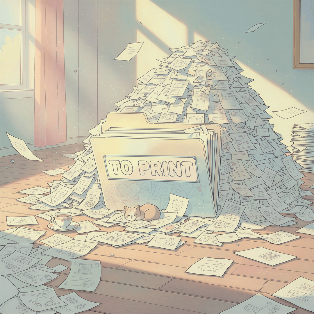 Studio Ghibli aesthetic. Depict a relatable character with a slightly weary but determined expression, sitting at a cluttered but charming wooden desk. They are stuck in a small visual loop: opening a digital invoice on a laptop, downloading an attachment, and then physically placing the printed copy into an overflowing 'To Process' physical tray. Soft, slightly warmer, emphasizing the tedious manual cycle. Low saturation to suggest monotony.