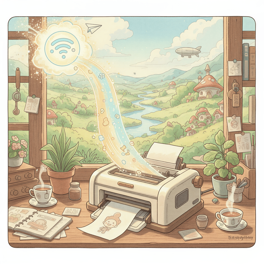 Studio Ghibli aesthetic. A dynamic, magical scene showing an incoming digital notification (represented by a stylized, friendly icon) instantly flowing via a gentle, shimmering energy stream directly into a high-quality, classic physical printer, which is silently producing a crisp, perfect printout. Soft gold and light blue energy highlights the seamless transition. The mood is one of quiet, effortless completion.