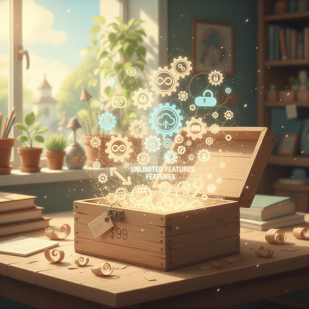 Studio Ghibli aesthetic, illustrating 'What $99 Gets You'. A close-up of a simple, sturdy, open wooden box ($99 purchase). Inside, instead of gold, there are various useful, interconnected digital-looking gears and icons glowing warmly, representing 'unlimited features' and 'all access'. Soft light spills out onto a clean workspace. The mood is abundance without excess, clear and complete.